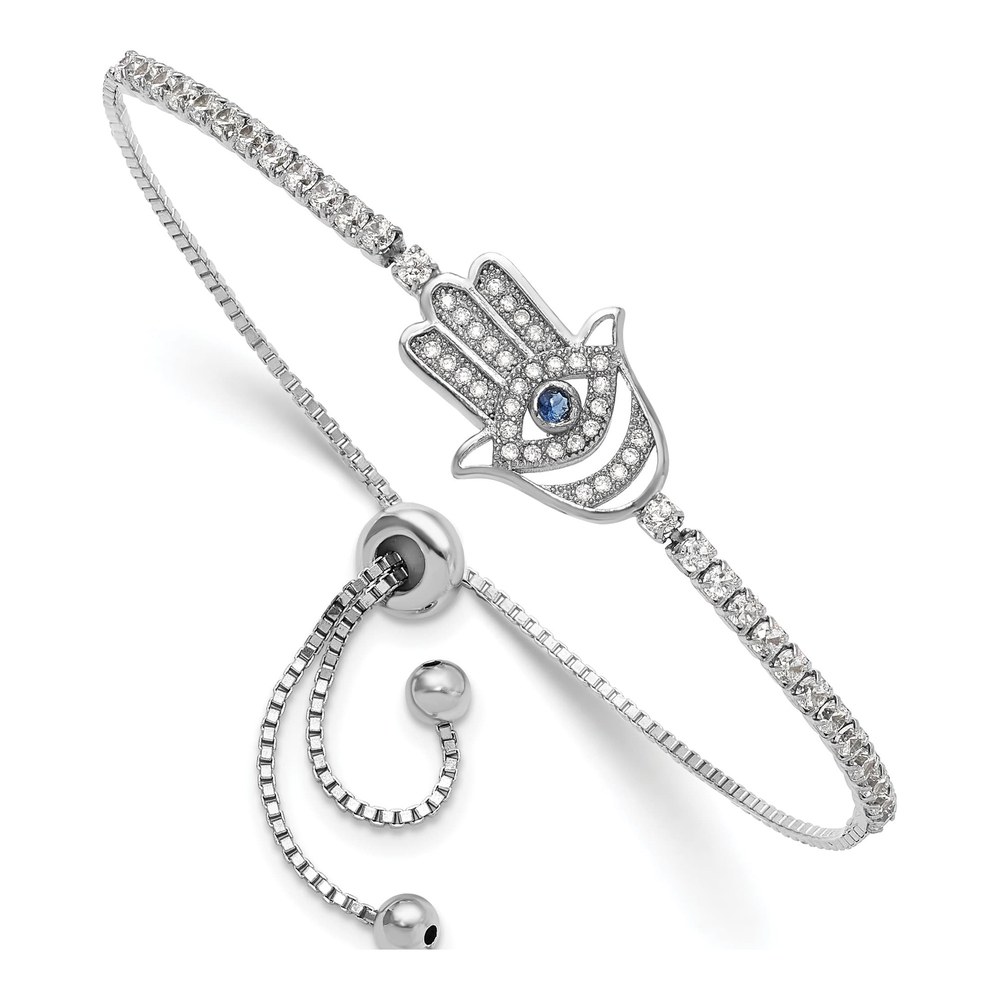 Sterling Silver CZ Evil Eye Hamsa Adjustable Bracelet