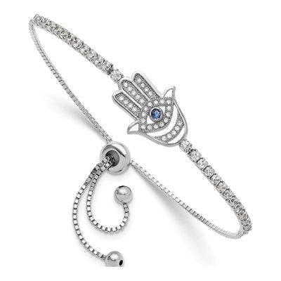 Sterling Silver CZ Evil Eye Hamsa Adjustable Bracelet