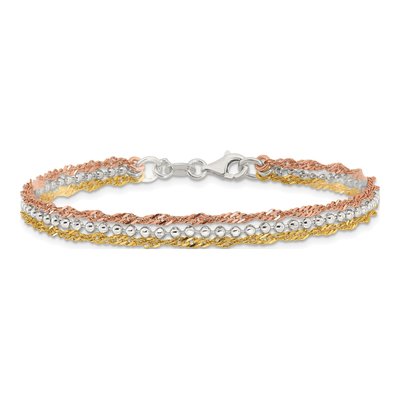 Gold-Plated Sterling Silver 3-Strand Tri-Tone Beaded Bracelet – view 4