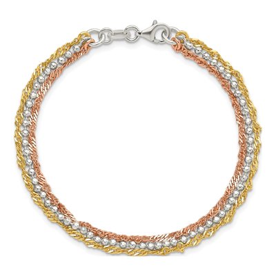 Gold-Plated Sterling Silver 3-Strand Tri-Tone Beaded Bracelet – view 5