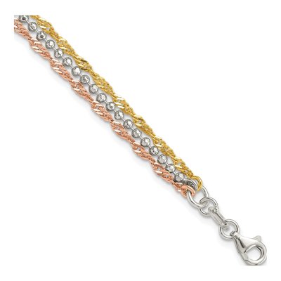Gold-Plated Sterling Silver 3-Strand Tri-Tone Beaded Bracelet