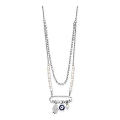 Sterling Silver Simulated Pearl Rh Enamel Eye Hamsa Glass Pendant Necklace – view 2