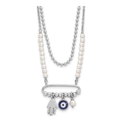 Sterling Silver Simulated Pearl Rh Enamel Eye Hamsa Glass Pendant Necklace