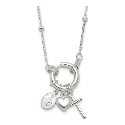 Sterling Silver Heart Miraculous Cross Necklace