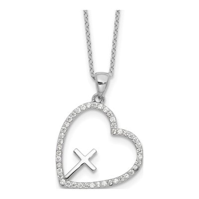 Sterling Silver CZ Open Heart Cross Necklace