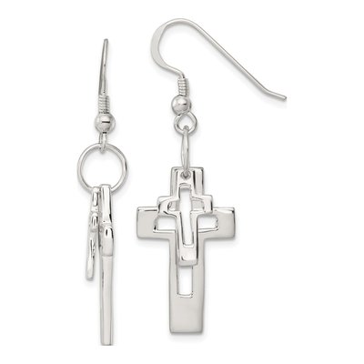 Sterling Silver Double Open Cross Dangle Earrings