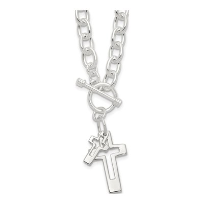 Sterling Silver Double Cross Toggle Necklace