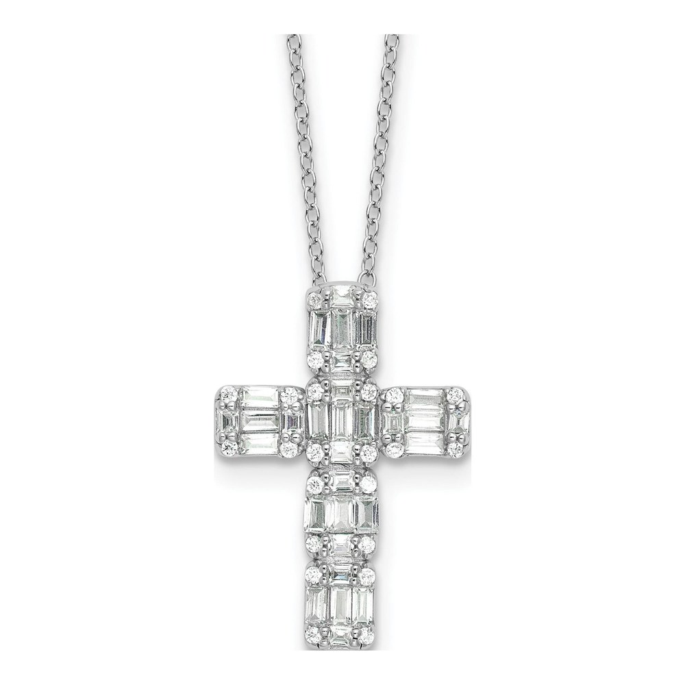 Sterling Silver CZ Baguette Cross Necklace, 18in