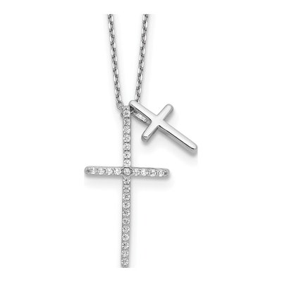 Sterling Silver CZ Double Cross Necklace