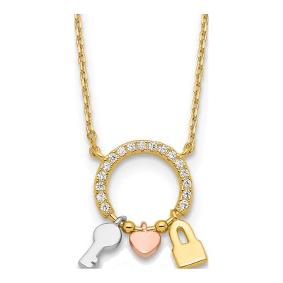 Gold-Plated Sterling Silver CZ Key Lock Heart Necklace