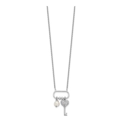 Sterling Silver Simulated Pearl & CZ Key Glass Necklace – view 2