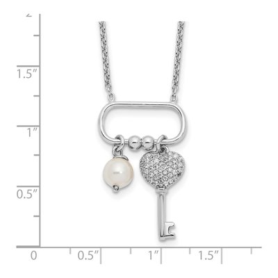Sterling Silver Simulated Pearl & CZ Key Glass Necklace – view 4