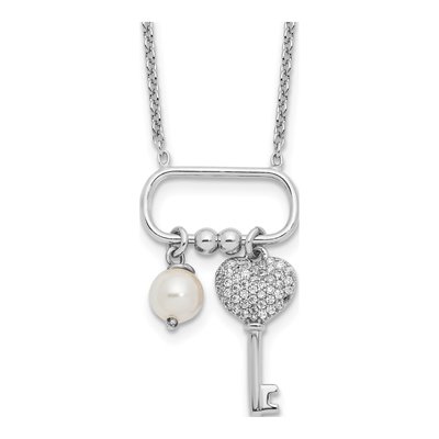 Sterling Silver Simulated Pearl & CZ Key Glass Necklace