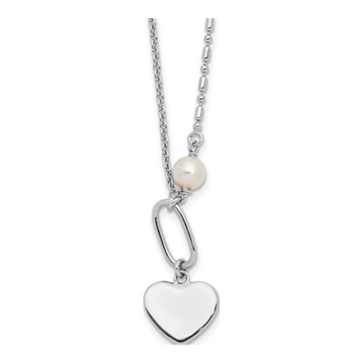 Sterling Silver Simulated Pearl Glass Heart Necklace