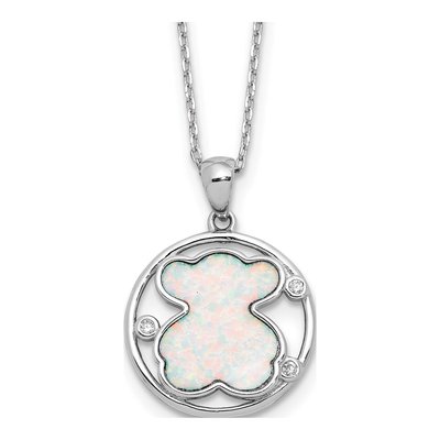Sterling Silver Lab-Created Opal & CZ Inlay Bear Necklace