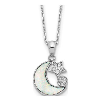 Sterling Silver Lab-Created Opal & CZ Moon Necklace