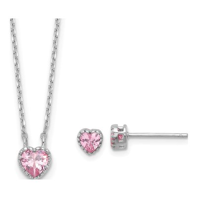Girls' Silver Pink CZ Heart Necklace & Earring Set