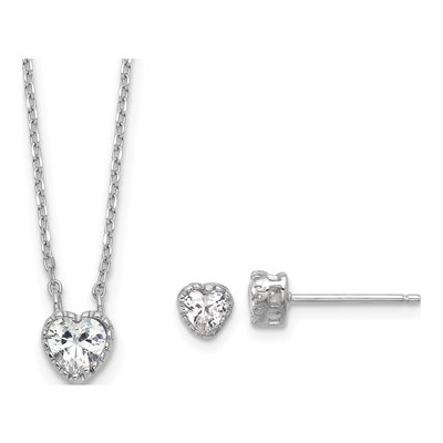 Girls' Sterling Silver CZ Heart Necklace & Earring Set