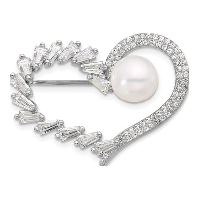 Sterling Silver Pearl & CZ Heart Pin