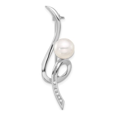 Sterling Silver Pearl & CZ Swirl Pin Brooch