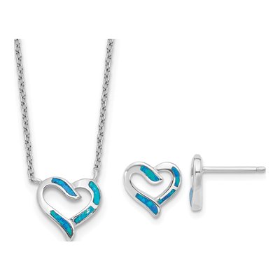 Sterling Silver Opal Heart Necklace & Earring Set