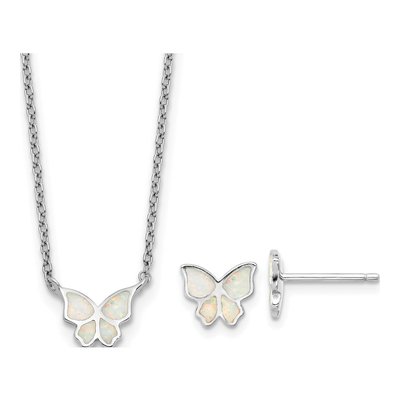 Sterling Silver Opal Butterfly Necklace & Earring Set