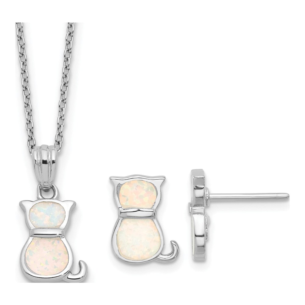 Sterling Silver Rh-Pl Cr.Opal Cat 16In Necklace W/1.75 Ext/Earring Set