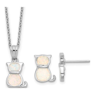 Sterling Silver Rh-Pl Cr.Opal Cat 16In Necklace W/1.75 Ext/Earring Set