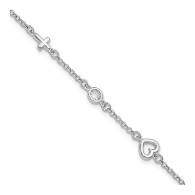 Sterling Silver CZ Girls' Heart Cross Bracelet