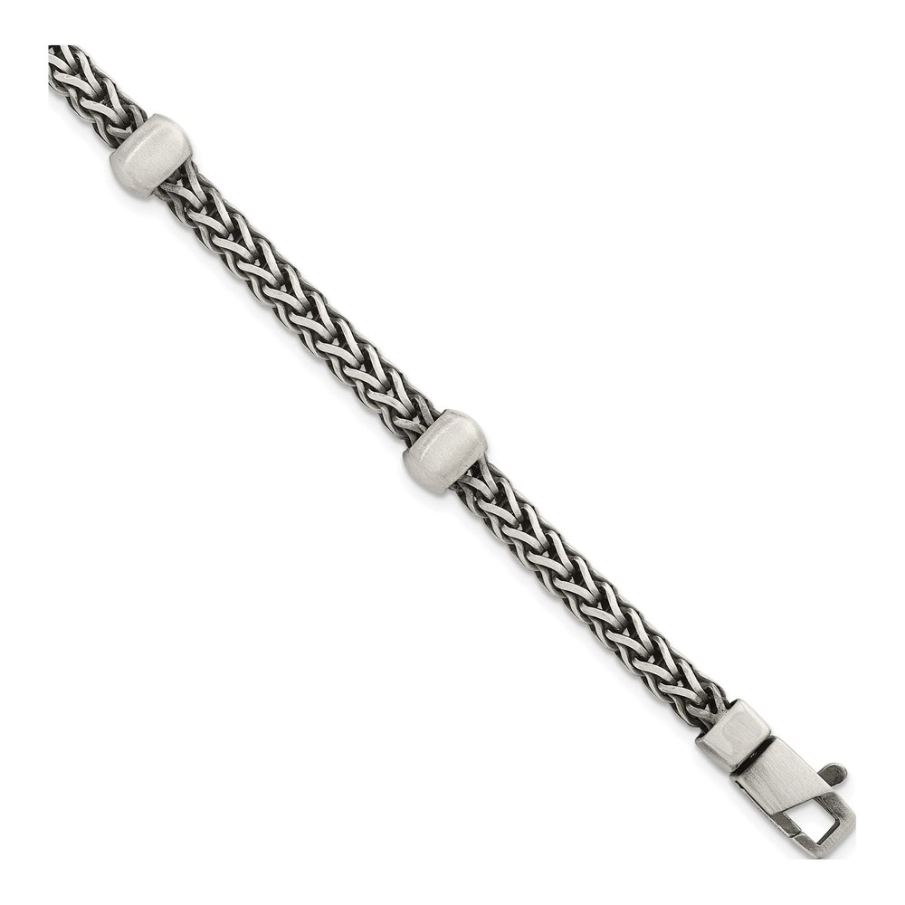 Sterling Silver Black Ruthenium-Plated Brushed Franco Chain And Beads Mens 8.5 Inch Bracelet with Lobster Clasp