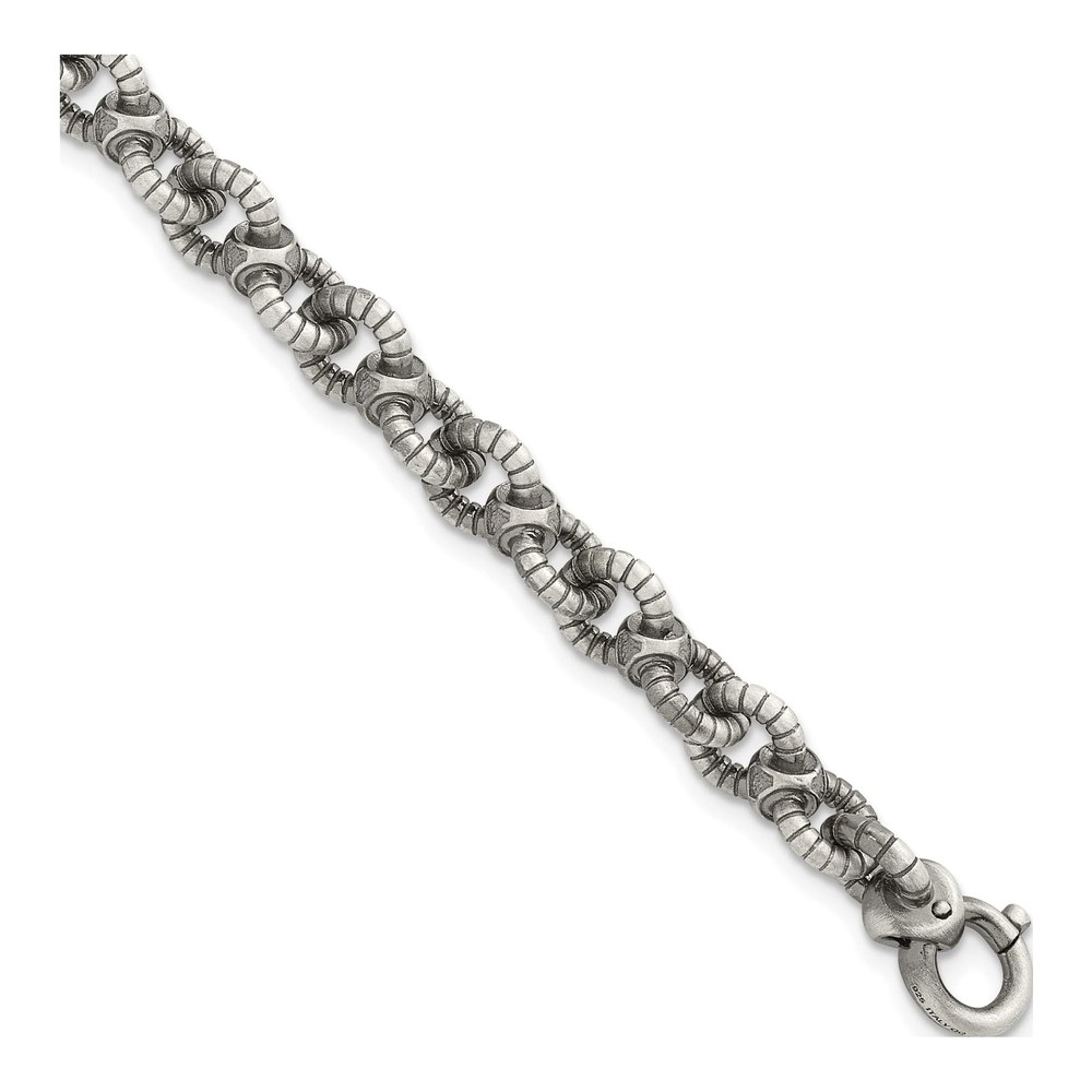 Sterling Silver Black Ruthenium-Plated Brushed Fancy Textured Cable Link Mens 8.5 Inch Bracelet with Hidden Catch Clasp
