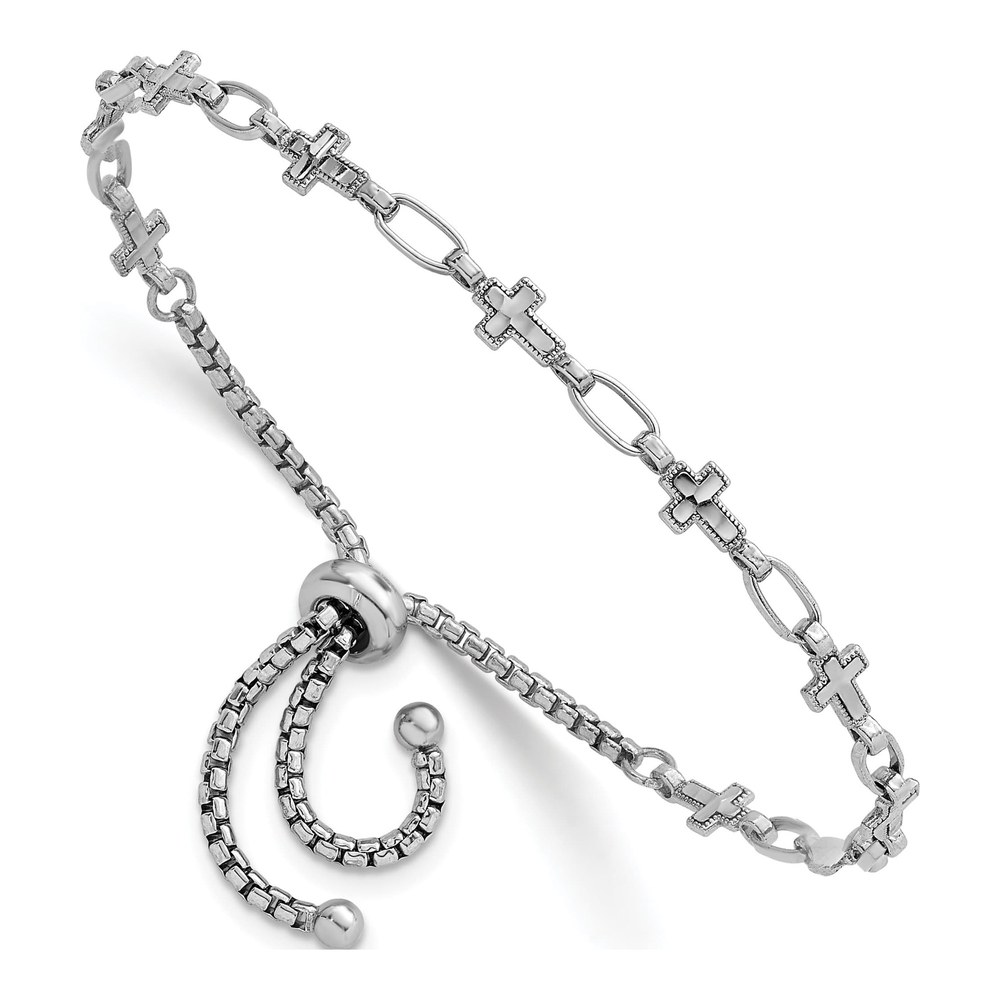 Sterling Silver Rhodium-Plated Polished Cross And Rectangle Link Adjustable Bolo Bracelet with Slip On Clasp