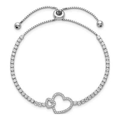 Sterling Silver CZ Two Hearts Adjustable Bolo Bracelet – view 3