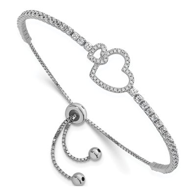 Sterling Silver CZ Two Hearts Adjustable Bolo Bracelet