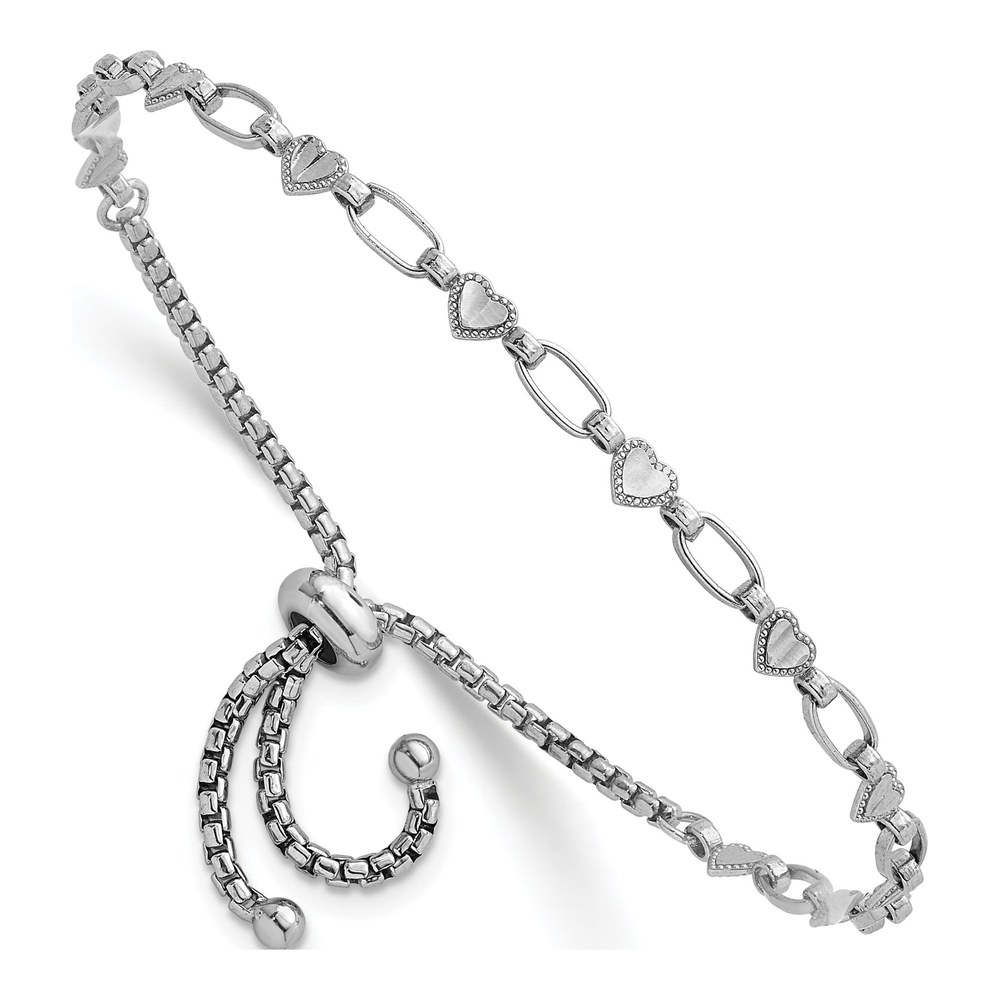 Sterling Silver Rhodium-Plated Polished Heart And Rectangle Link Adjustable Bolo Bracelet with Slip On Clasp