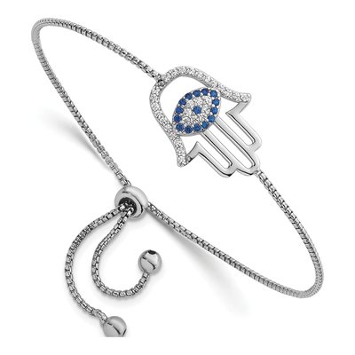 Sterling Silver CZ Evil Eye Hamsa Bolo Bracelet