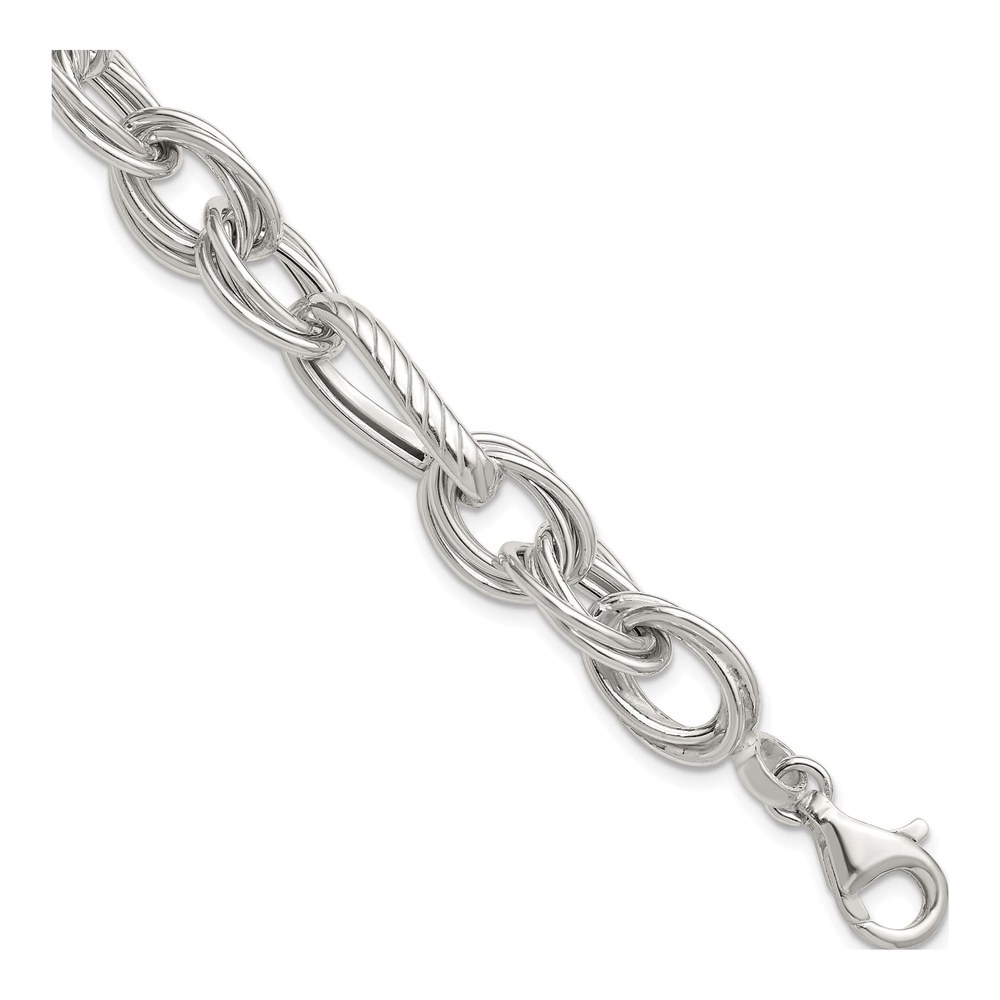 Sterling Silver Polished And Textured Triple Link And Twisted Link 8 Inch Bracelet with Lobster Clasp