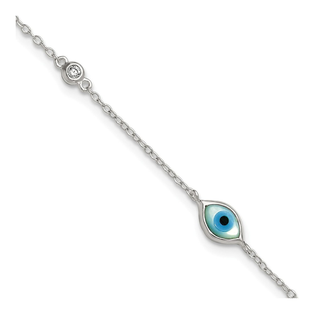 7.25 Inch Sterling Silver Polished Cz And Mother Of Pearl Evil Eye 6.75 Inch With 0.5 Inch Extension Bracelet with Lobster Clasp