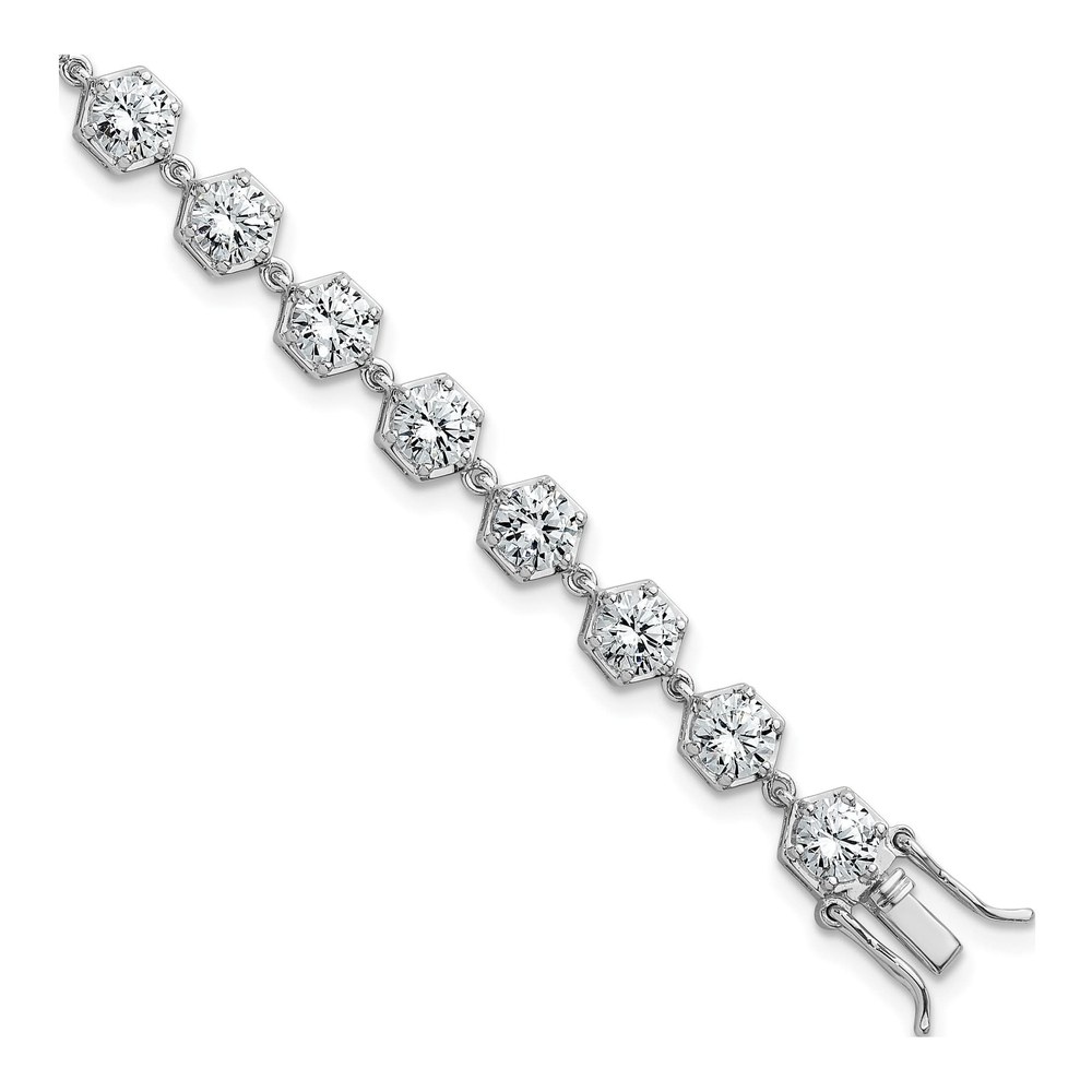 Sterling Silver Rhodium-Plated Polished Round Cz In Hexagon Setting 8 Inch Bracelet with Box Catch Clasp