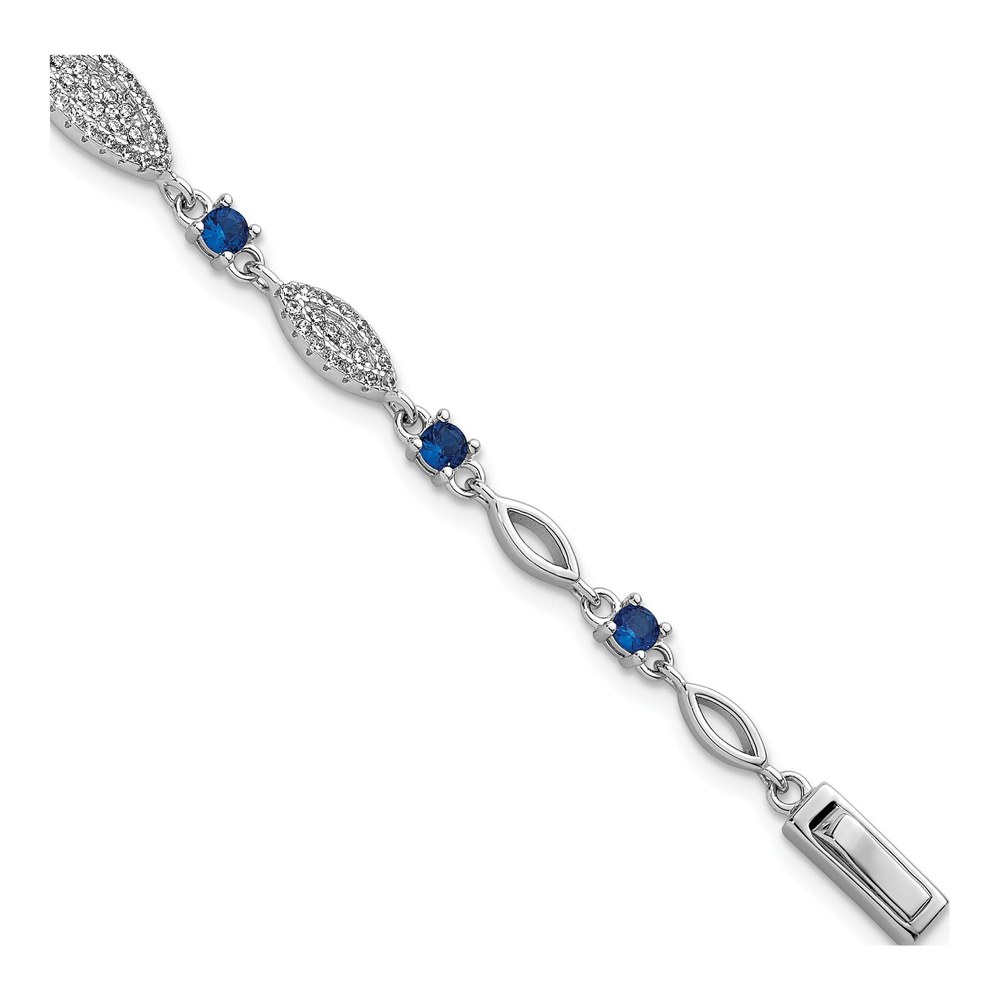 Sterling Silver Rhodium-Plated Marquise Blue And White Cz Oval Link 7 Inch Bracelet with Box Catch Clasp