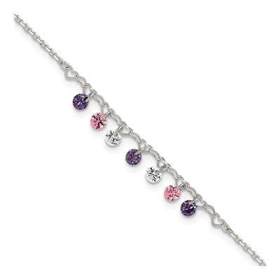 Sterling Silver CZ Multicolor Hearts Anklet