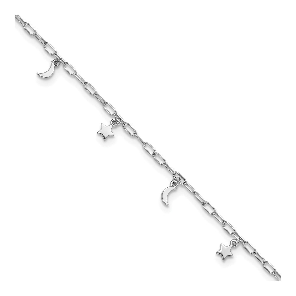 Sterling Silver Rhodium-Plated Moon And Star 9 Inch Plus 1 Inch Extender - Total 10 Inch Anklet with Lobster Clasp