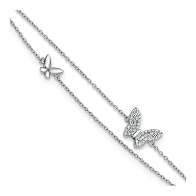 Sterling Silver CZ Butterfly 2-Strand Anklet