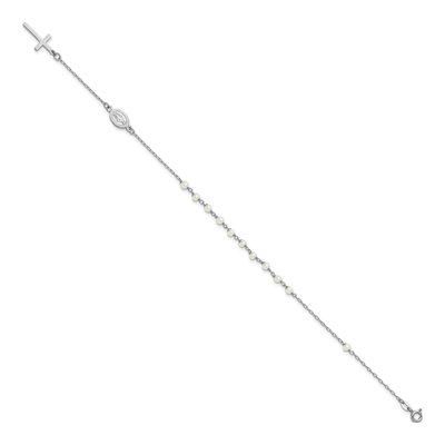 Sterling Silver Freshwater Cultured Pearl Cross Miraculous Medal Anklet – view 2