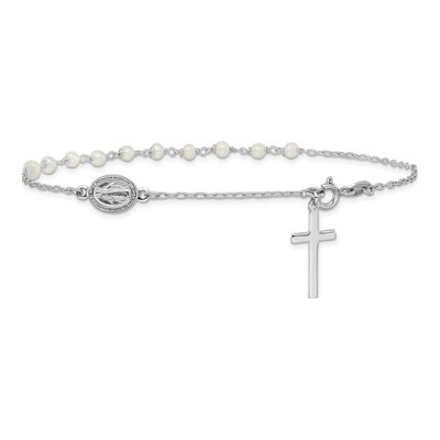 Sterling Silver Freshwater Cultured Pearl Cross Miraculous Medal Anklet – view 3