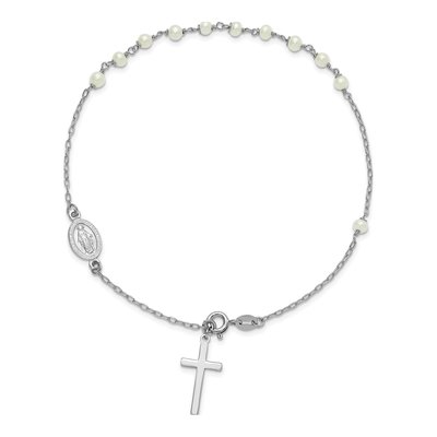 Sterling Silver Freshwater Cultured Pearl Cross Miraculous Medal Anklet – view 4