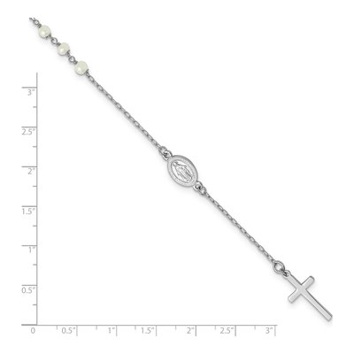 Sterling Silver Freshwater Cultured Pearl Cross Miraculous Medal Anklet – view 5