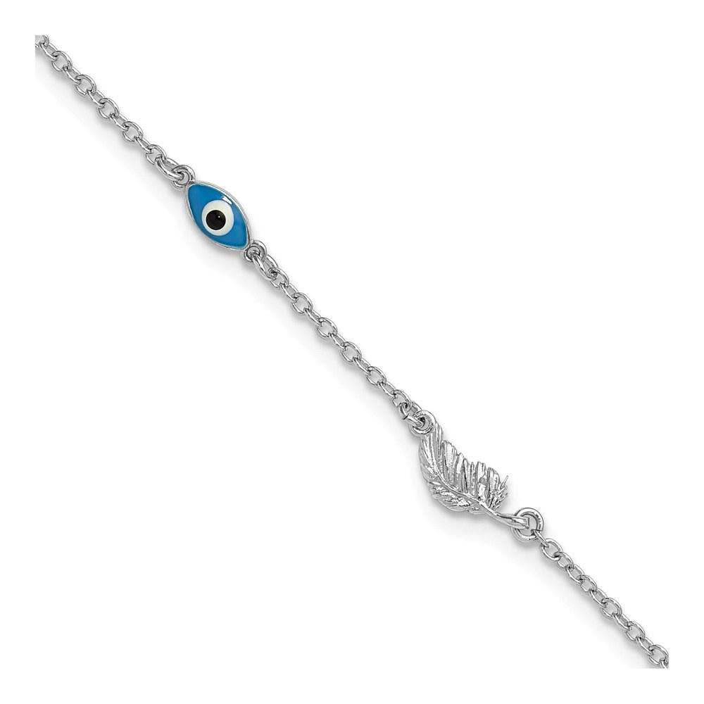 Sterling Silver Rhodium-Plated Enamel Eye And Leaf 9 Inch Plus 1 Inch Extender - Total 10 Inch Anklet with Lobster Clasp
