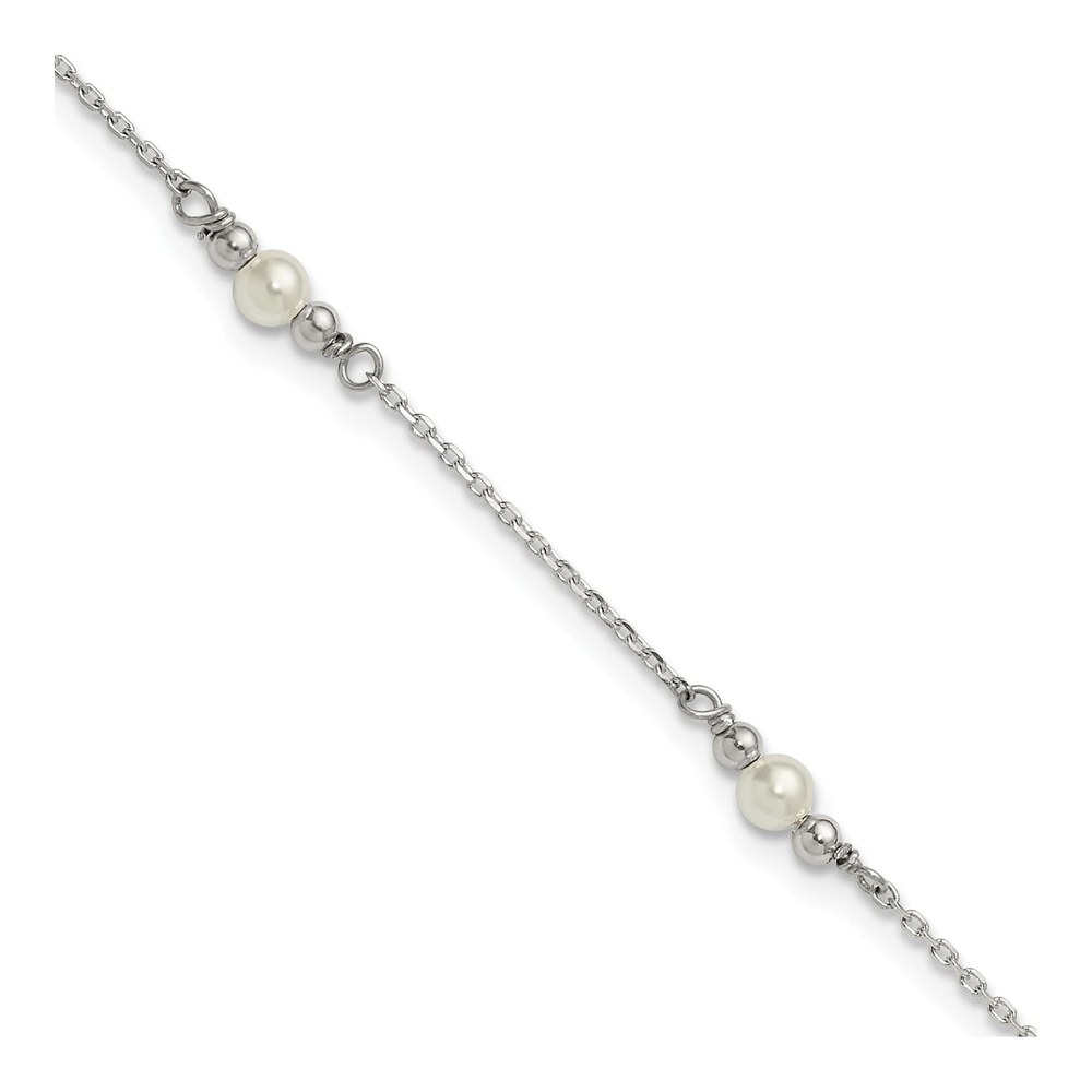 Sterling Silver Beaded And Acrylic Pearl 9 Inch Plus 1 Inch Extender - Total 10 Inch Anklet with Lobster Clasp