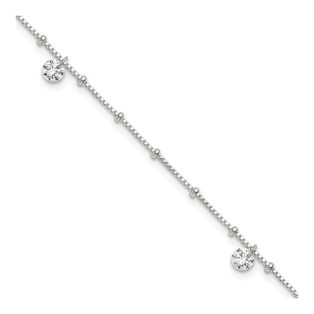 Sterling Silver Beaded Cz 9 Inch Plus 1 Inch Extender - Total 10 Inch Anklet with Spring Ring Clasp